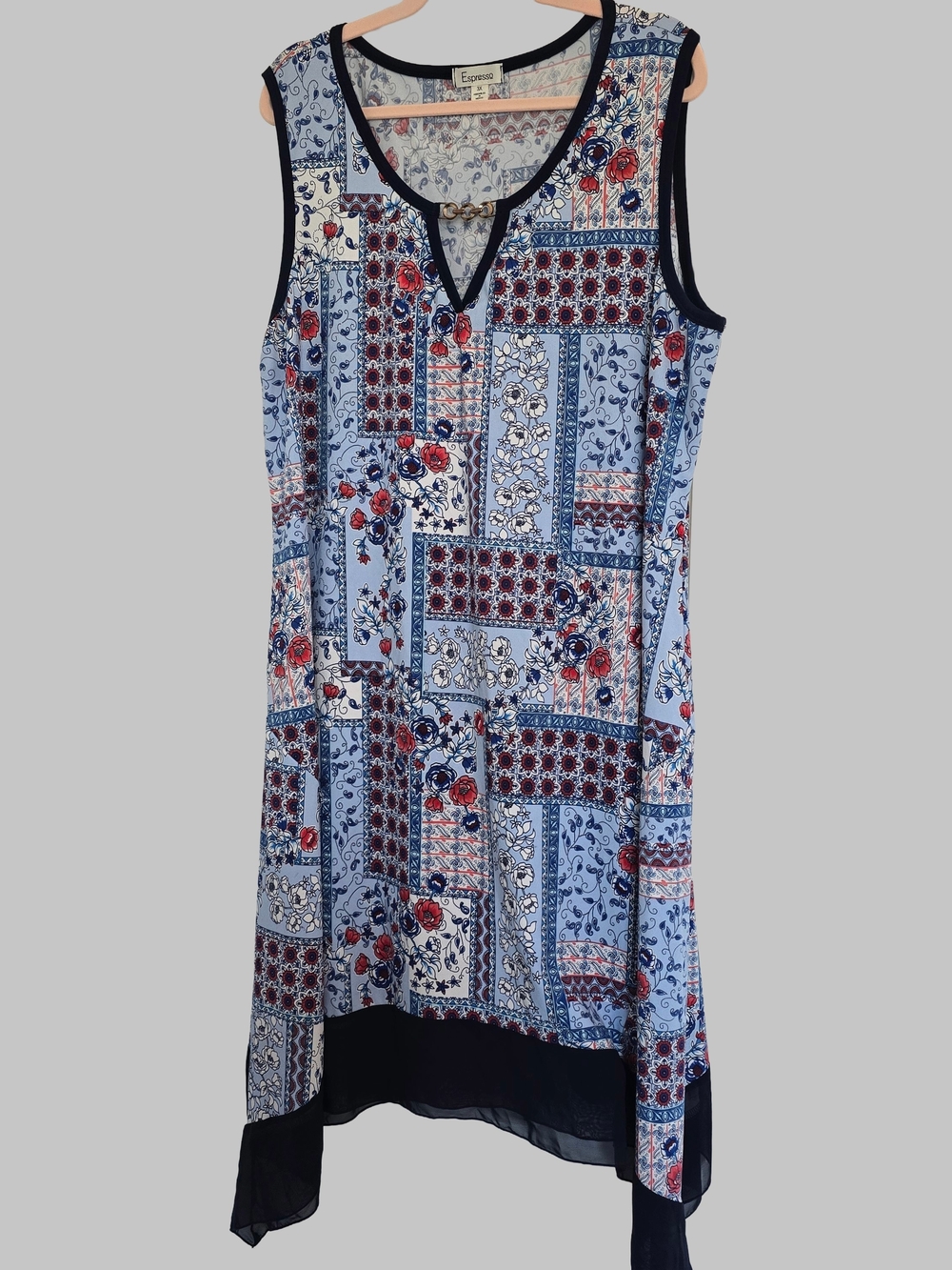 Espresso Sleeveless Patchwork Floral Midi Dress - Light Blue & Navy